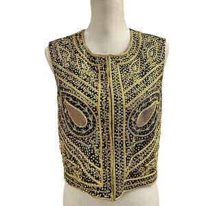 Liz Claiborne Vintage Women's 100% Silk Gold Black Beaded Paisley Vest Size 4